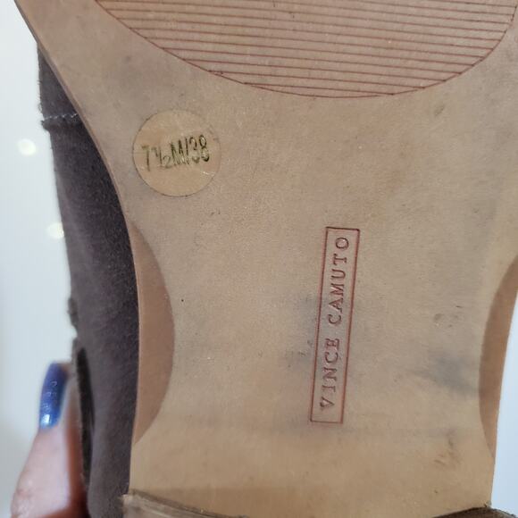 Vince Camuto Prism Suede Leather Block Stacked Heel Bootie Womens Size 7.5 Tan - Picture 10 of 13
